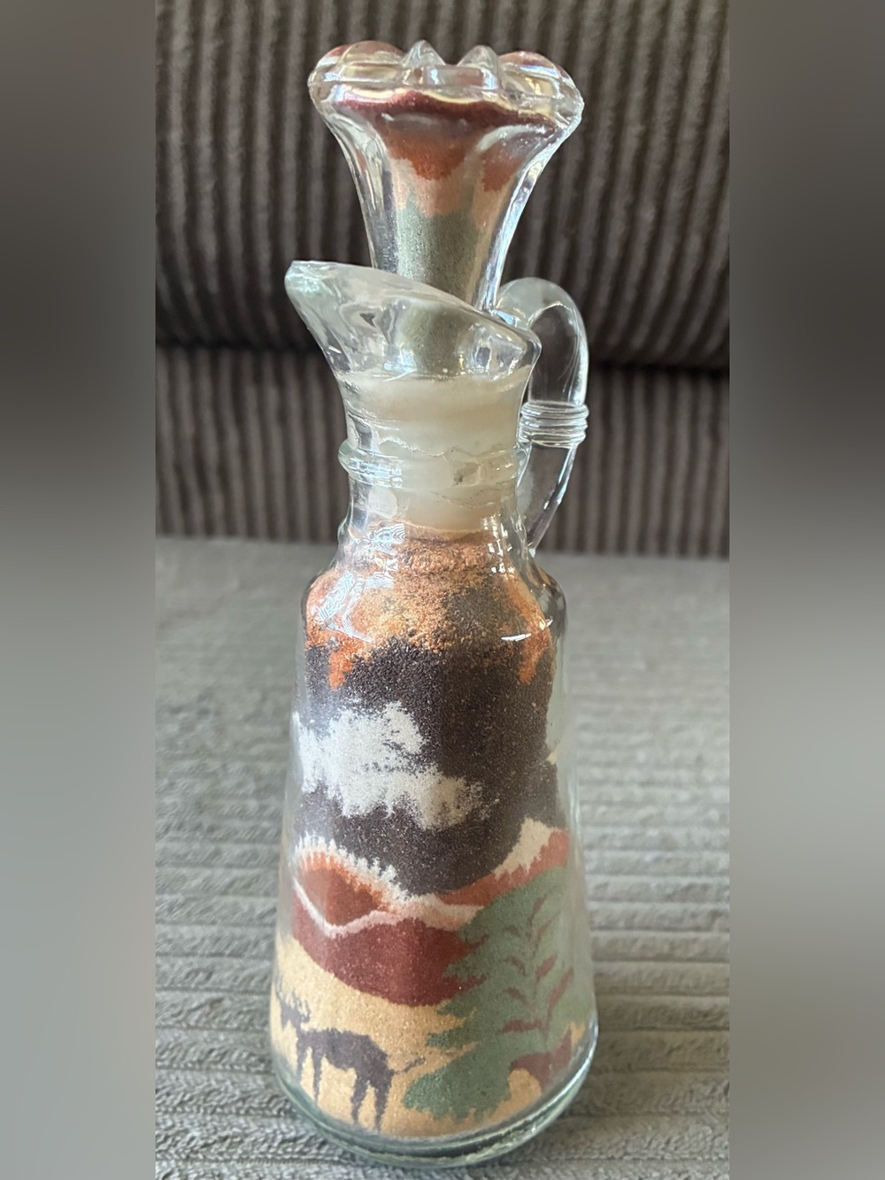 Sand Art Bottle in White, Brown, Tan, Orange, Green Southwestern Scene Mountains